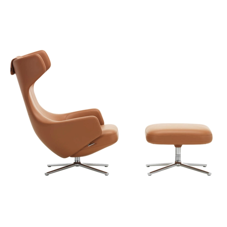 Easy chair GRAND REPOS & OTTOMAN Premium Leather Cognac VITRA
