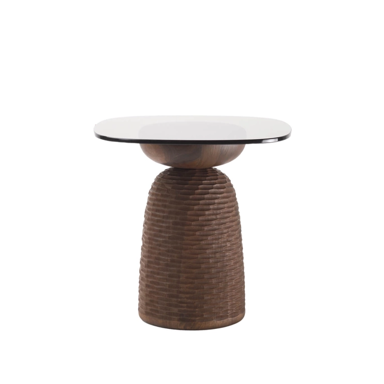Table d'appoint guéridon NERA base pleine à  découpes sculptées Noyer ZANAT