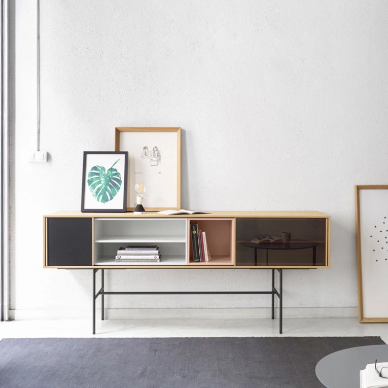 Meuble de rangement AURA L 196 x H 82 Chêne / Rose / Blanc TREKU