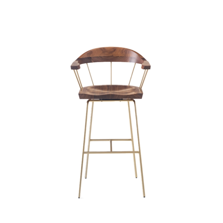 Tabouret haut SPINDLE H 76 Noyer/ laiton satiné  BASSAMFELLOWS