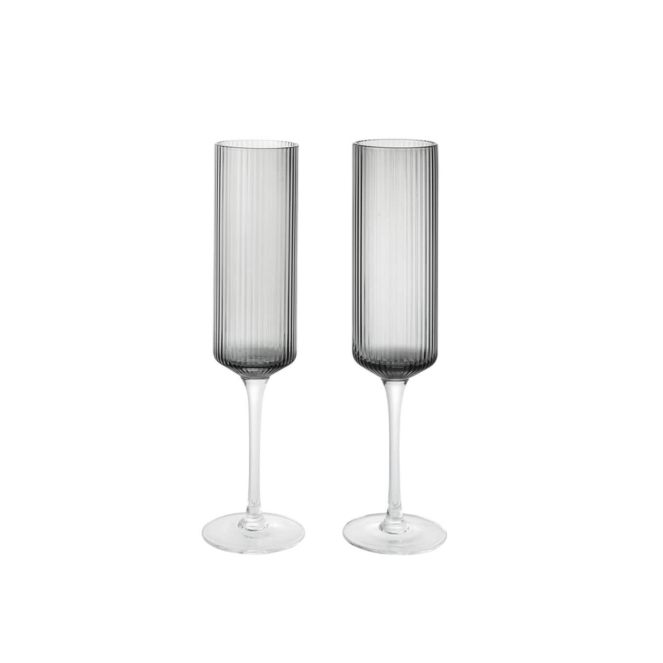 Glassware Set of 2 RIPPLE Champagne Flutes Smoked Grey FERM LIVING