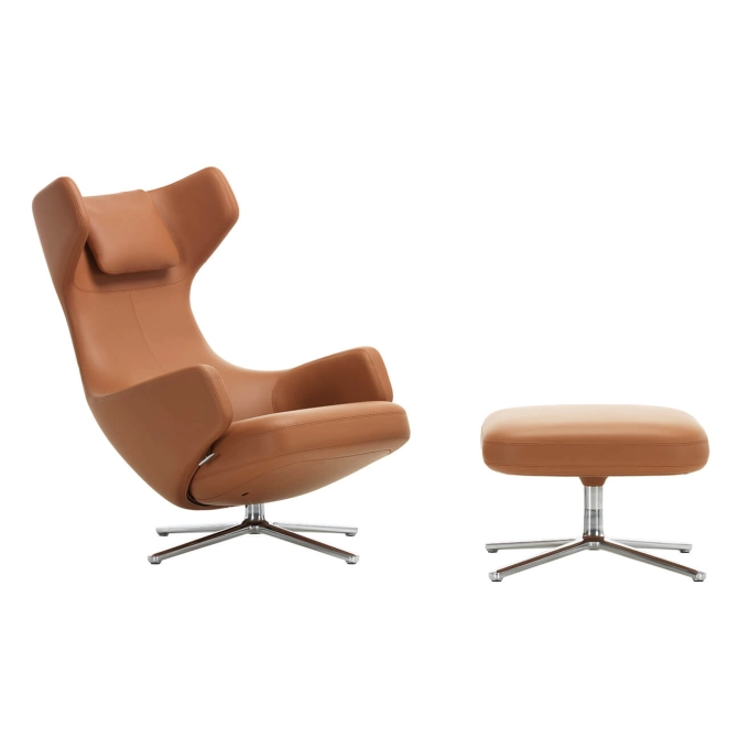 Easy chair GRAND REPOS & OTTOMAN Premium Leather Cognac VITRA