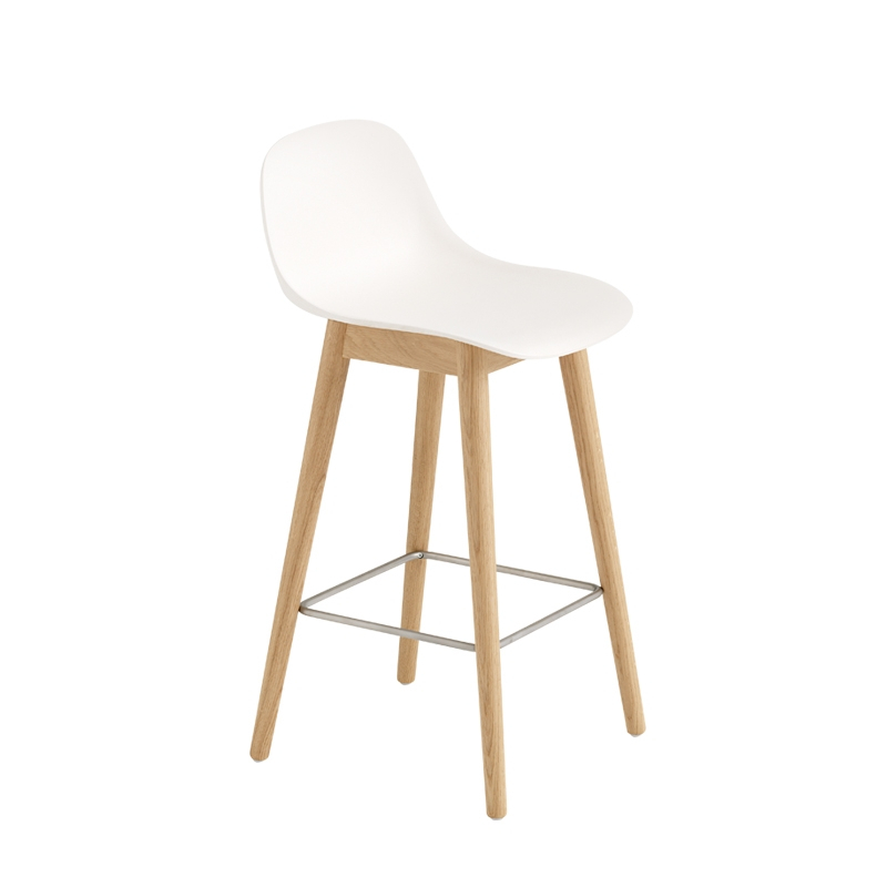 Tabouret haut FIBER BAR STOOL Avec dossier pieds bois H65 Blanc/ chêne MUUTO